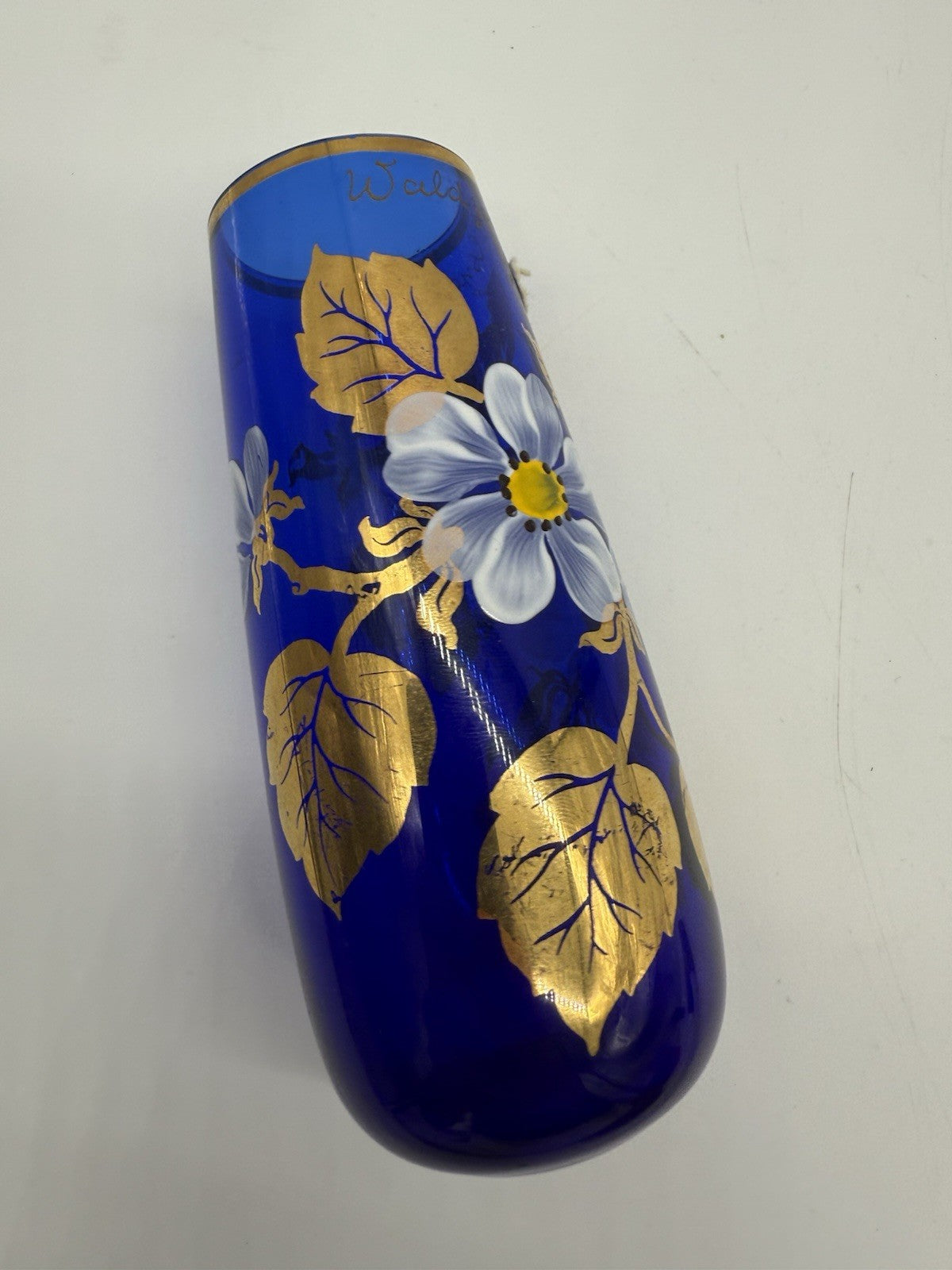 KOBALTBLAU JUGENDSTIL GLASVASE VERGOLDET ANTIK WITTIG HANDMADE 1919 16cm