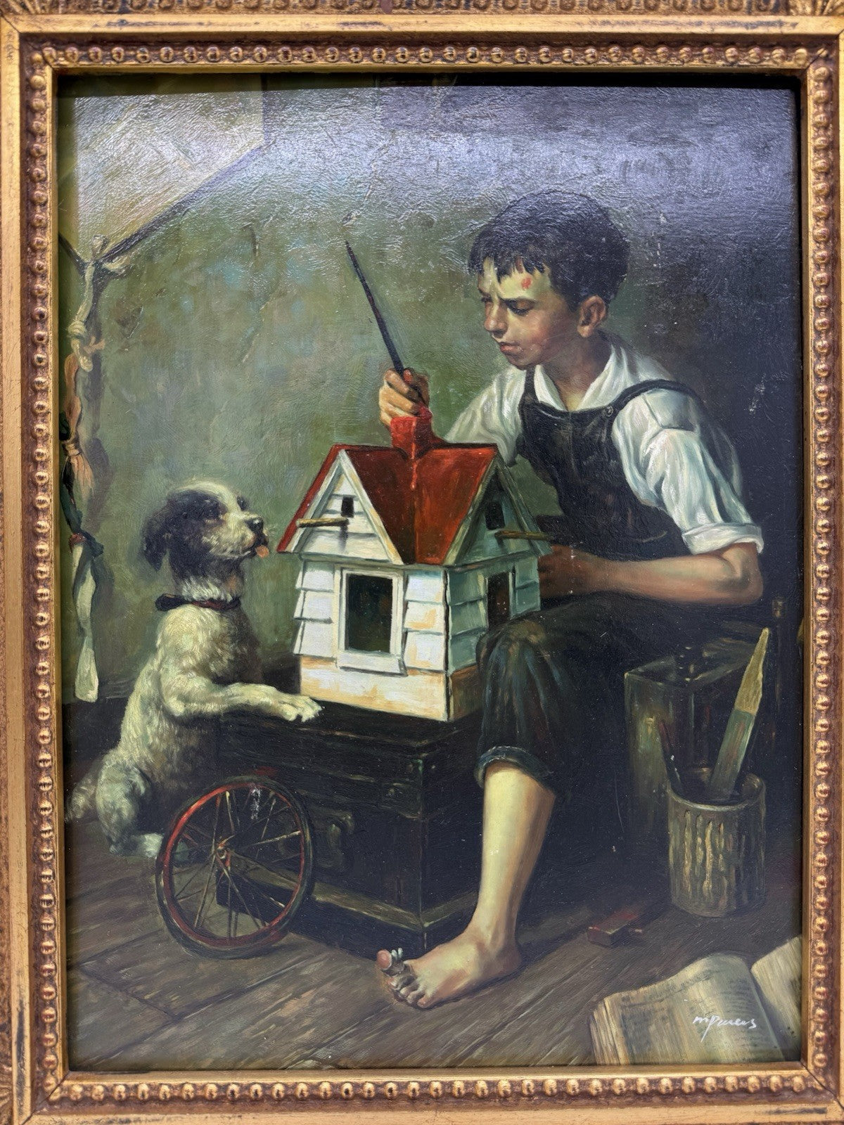 ÖL GEMÄLDE AUF HOLZ JUNGE MIT HUND & PUPPENHAUS SIGNIERT M.PUESS GOLDRAHMEN