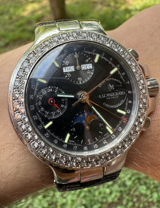 A.LE MARQUAND AUTOMATIC TRIPLE DATE CHRONOGRAPH MOON PHASE DIAMOND WATCH SWISS