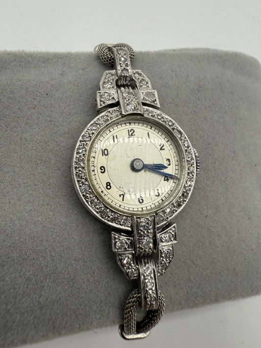 ANTIKE ART DÉCO DAMENARMBANDUHR WEIßGOLD MIT DIAMANTEN UM 1920 - LÄUFT
