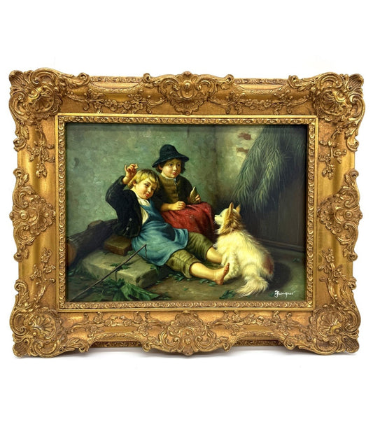 ÖL GEMÄLDE AUF HOLZ KINDER MIT HUND - SIGNIERT J. WAGNER ANTIKER GOLDRAHMEN