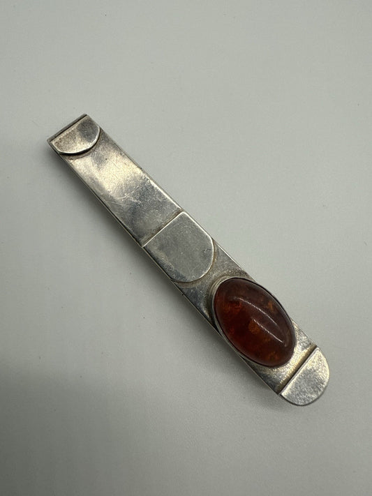 NOSTALGISCHE BERNSTEIN KRAWATTENKLAMMER AUS 925er STERLING SILBER