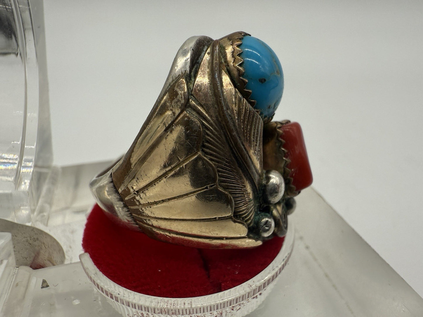 RING SILBER 925 MEHRFARBIGES DESIGN INDIANERSCHMUCK TÜRKIS & KORALLE