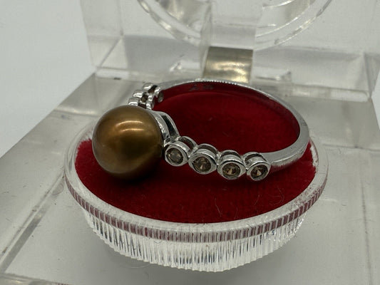 VINTAGE 925 STERLING SILBER VERLOBUNGSRING MIT GOLDENER PERLE GR.57