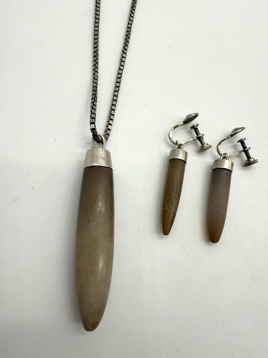 VINTAGE BELEMNITEN SCHMUCKSET -DONNERKEILE KETTE & SCHRAUBOHRRINGE SILBER