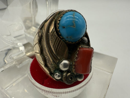 RING SILBER 925 MEHRFARBIGES DESIGN INDIANERSCHMUCK TÜRKIS & KORALLE