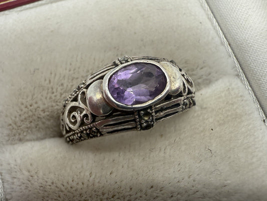 VINTAGE AMETHYST 925er STERLING SILBER RING MIT MARKASITEN GR.55