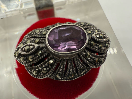 VINTAGE 925 SILBER JUGENDSTIL BROSCHE MIT AMETHYST & MARKASITEN