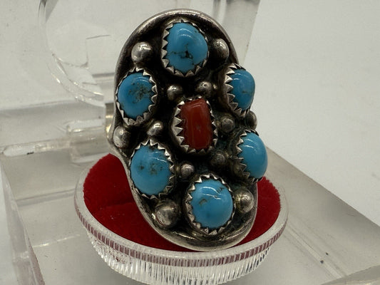 NAVAJO RING 925 SILBER BLAU TÜRKIS & KORALLE SIGNIERT ELGIN HASKEY GR.57