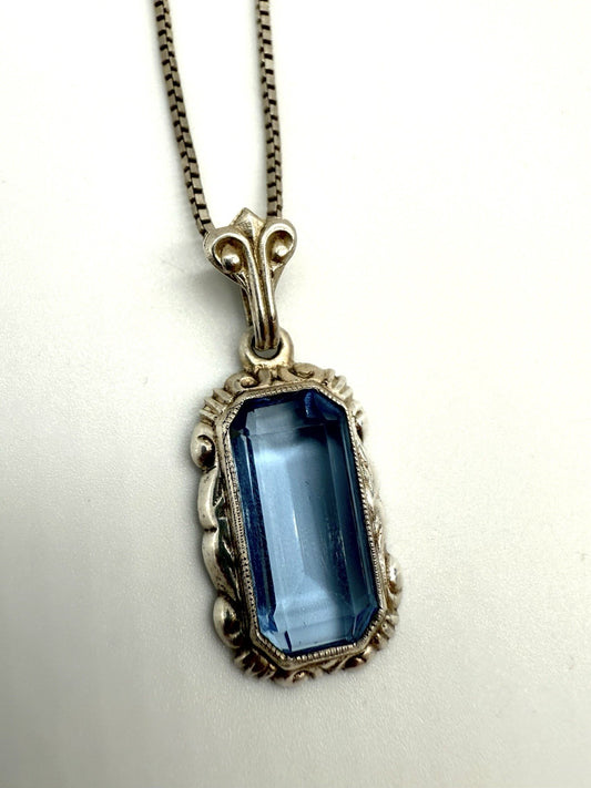 ANTIKER JUGENDSTIL ANHÄNGER 800er SILBER MIT BLAUEM STEIN + SILBER KETTE