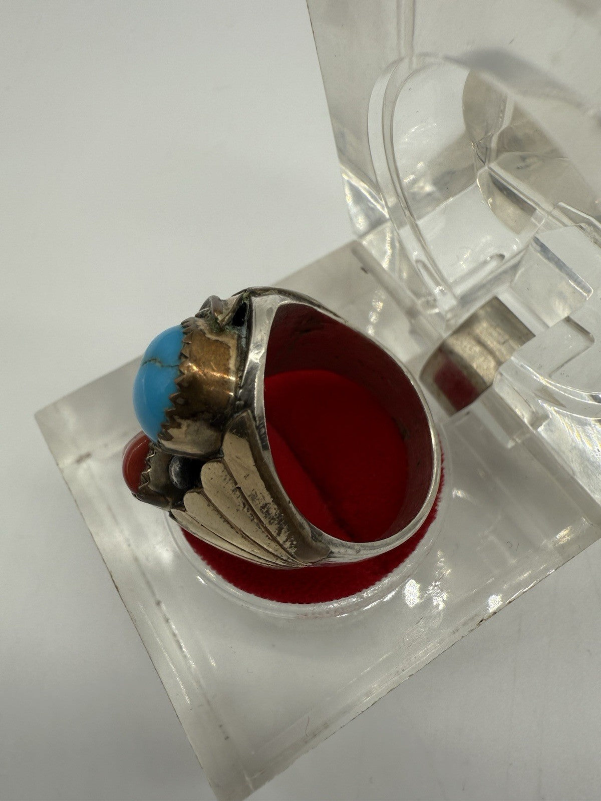 RING SILBER 925 MEHRFARBIGES DESIGN INDIANERSCHMUCK TÜRKIS & KORALLE