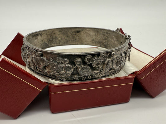 MASSIVES SILBERARMBAND MIT VOGELMOTIV - ASIATISCHER STIL - HANDARBEIT