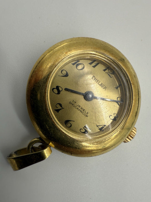 VINTAGE CHELSEA 17 JEWELS TASCHENUHR ANHÄNGERUHR, DAMEN GOLD DOUBLE LÄUFT