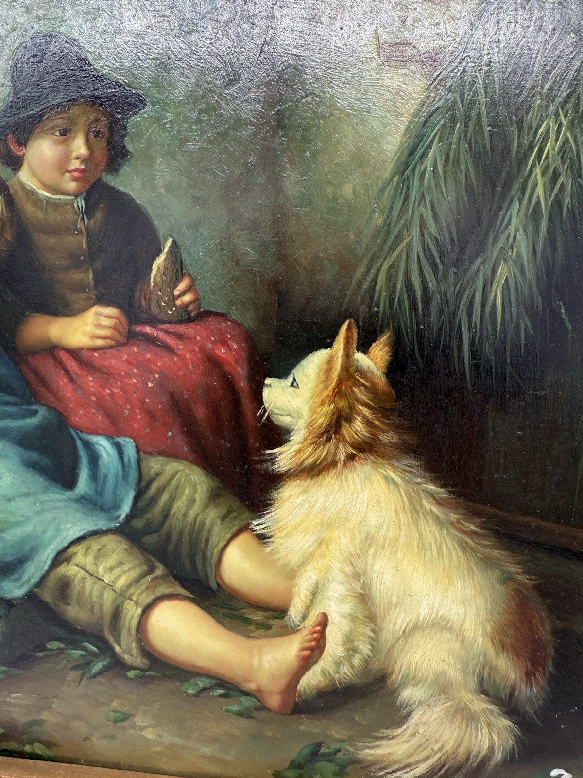 ÖL GEMÄLDE AUF HOLZ KINDER MIT HUND - SIGNIERT J. WAGNER ANTIKER GOLDRAHMEN