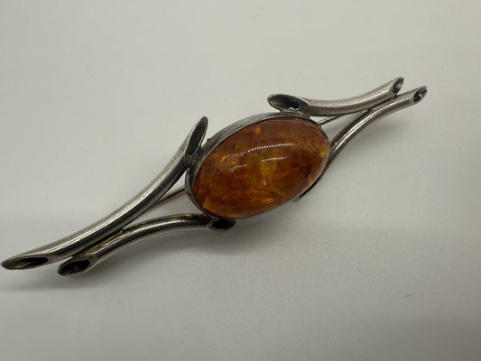 ANTIKE 925er SILBER BROSCHE BERNSTEIN VINTAGE RETRO