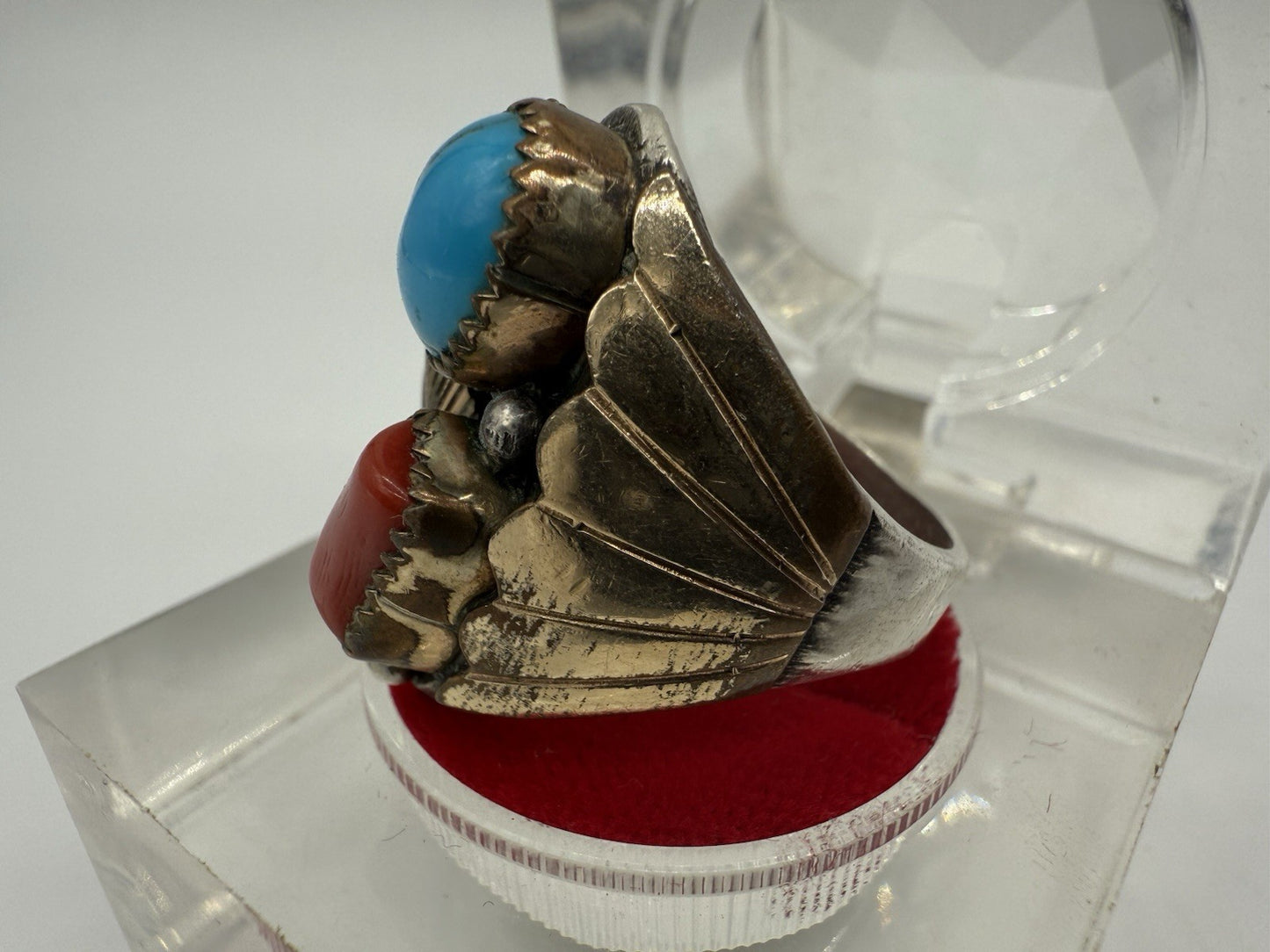 RING SILBER 925 MEHRFARBIGES DESIGN INDIANERSCHMUCK TÜRKIS & KORALLE