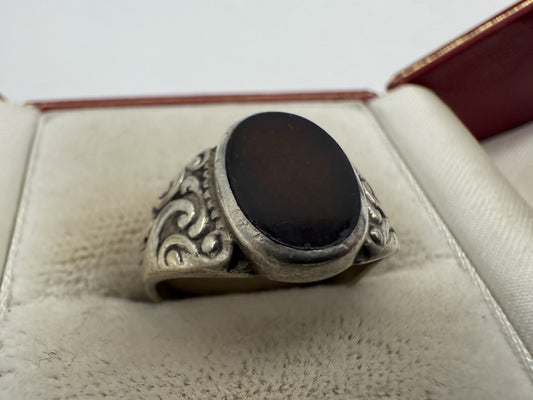 VINTAGE HANDGEFERTIGER STERLING SILBER 835 SCHWARZER ONYX RING GR.54