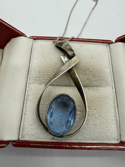 835 SILBER ANHÄNGER MIT BLAUEN STEIN - MID CENTURY STIL + 835 KETTE
