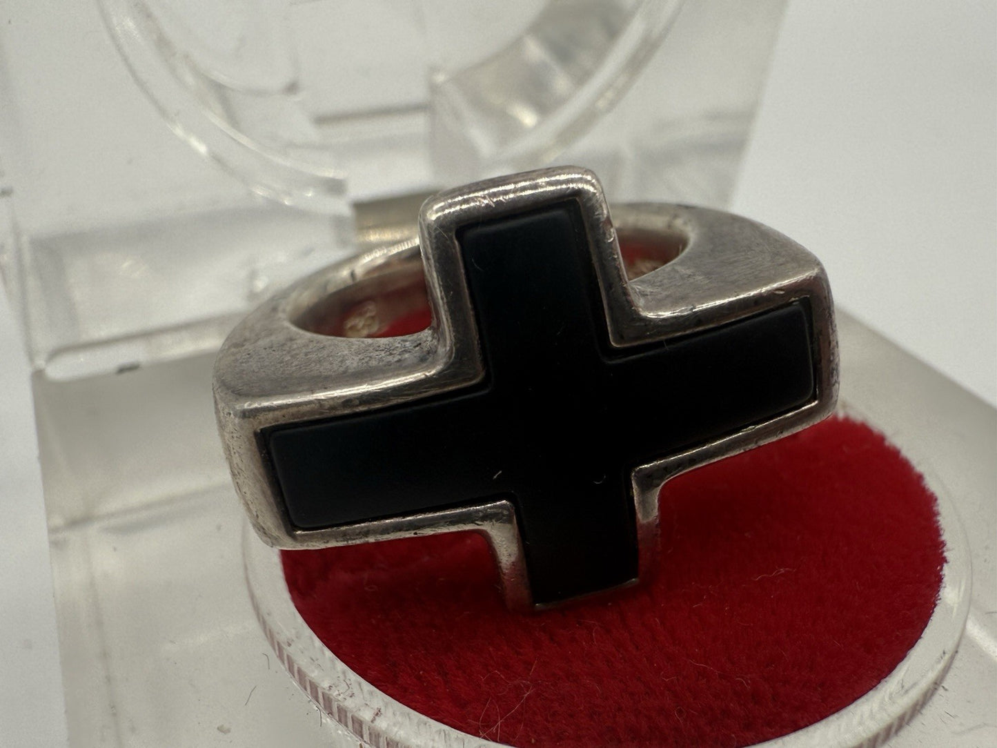 VINTAGE 925 SILBER RING ESPRIT MIT SCHWARZEM KREUZ GR.55