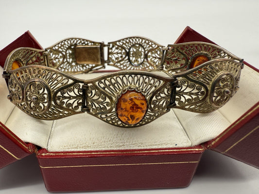VINTAGE FILIGRANES DAMENARMBAND AUS 800 SILBER MIT BERNSTEIN - VERGOLDET