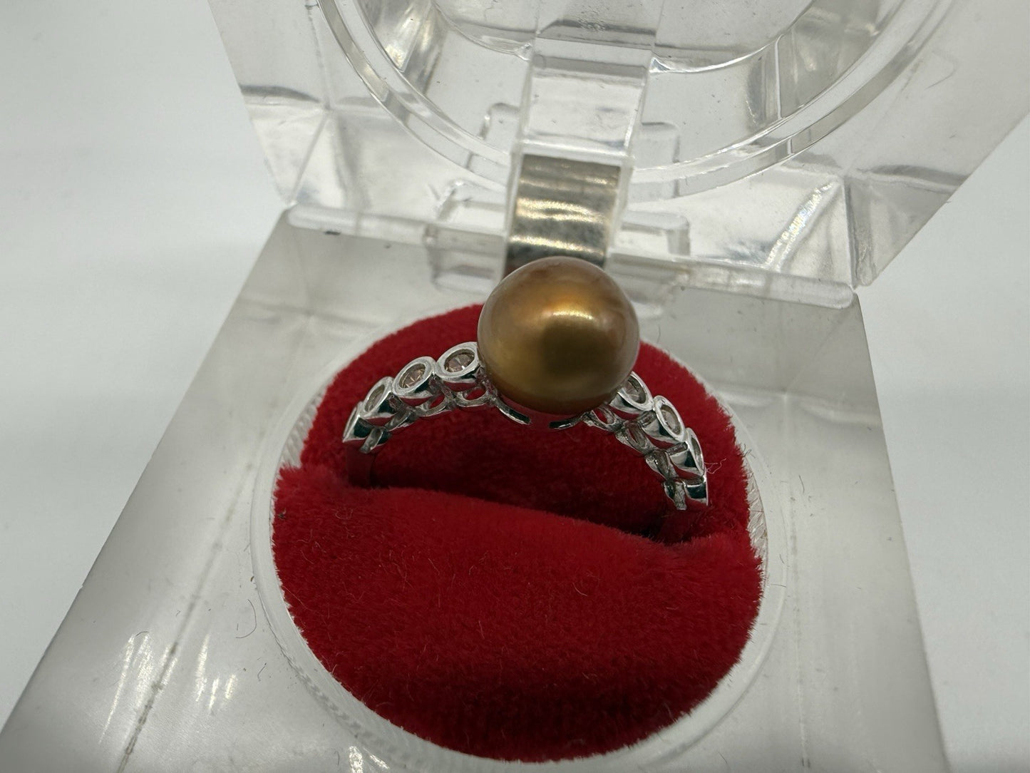 VINTAGE 925 STERLING SILBER VERLOBUNGSRING MIT GOLDENER PERLE GR.57