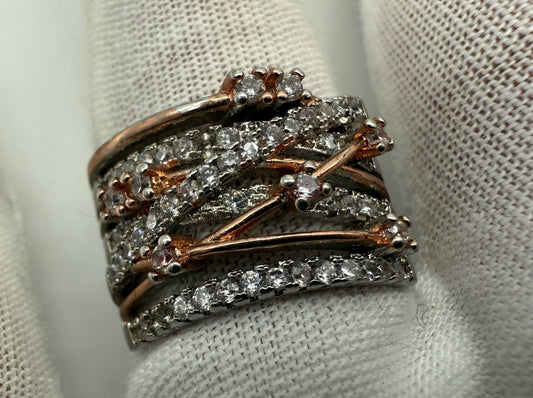 BREITER 925 SILBERRING MIT ZIRKONIA & ROSEGOLD AKZENTEN GR.58