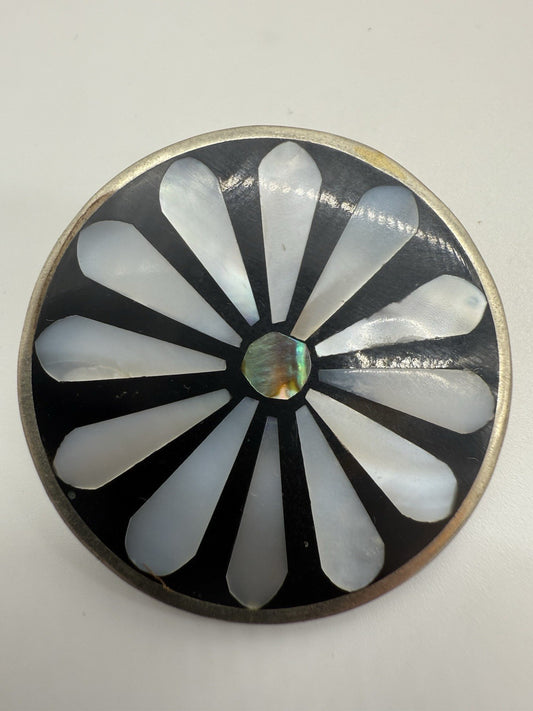 VINTAGE SIGNIERTE MEXIKO SILBER ANHÄNGER BROSCHE MIT ONYX & MUSCHEL