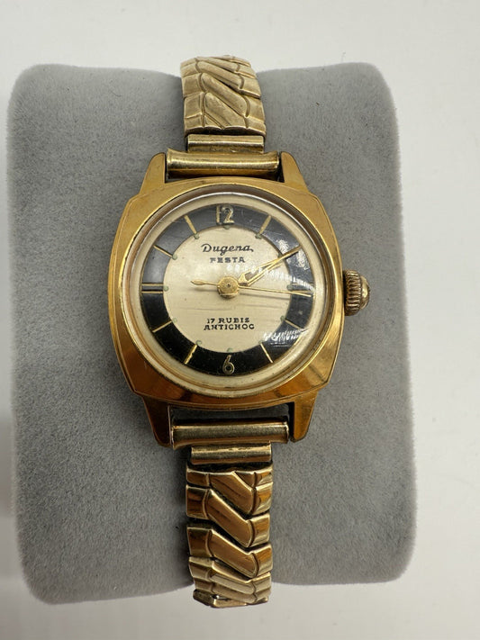 VINTAGE DUGENA FESTA DAMEN UHR STAHL VERGOLDET 20MM HANDAUFZUG LÄUFT