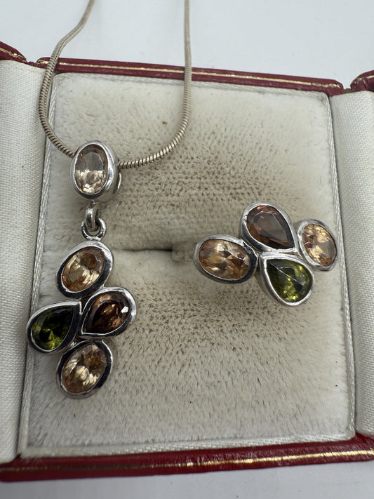 SILBERSCHMUCK SET 925 ANHÄNGER & RING GR.55 MIT FACETTIERTEN EDELSTEINEN