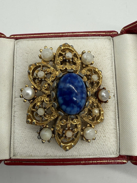 VINTAGE JUGENDSTIL BROSCHE LAPISLAZULI UND PERLEN ANSTECKNADEL VERGOLDET