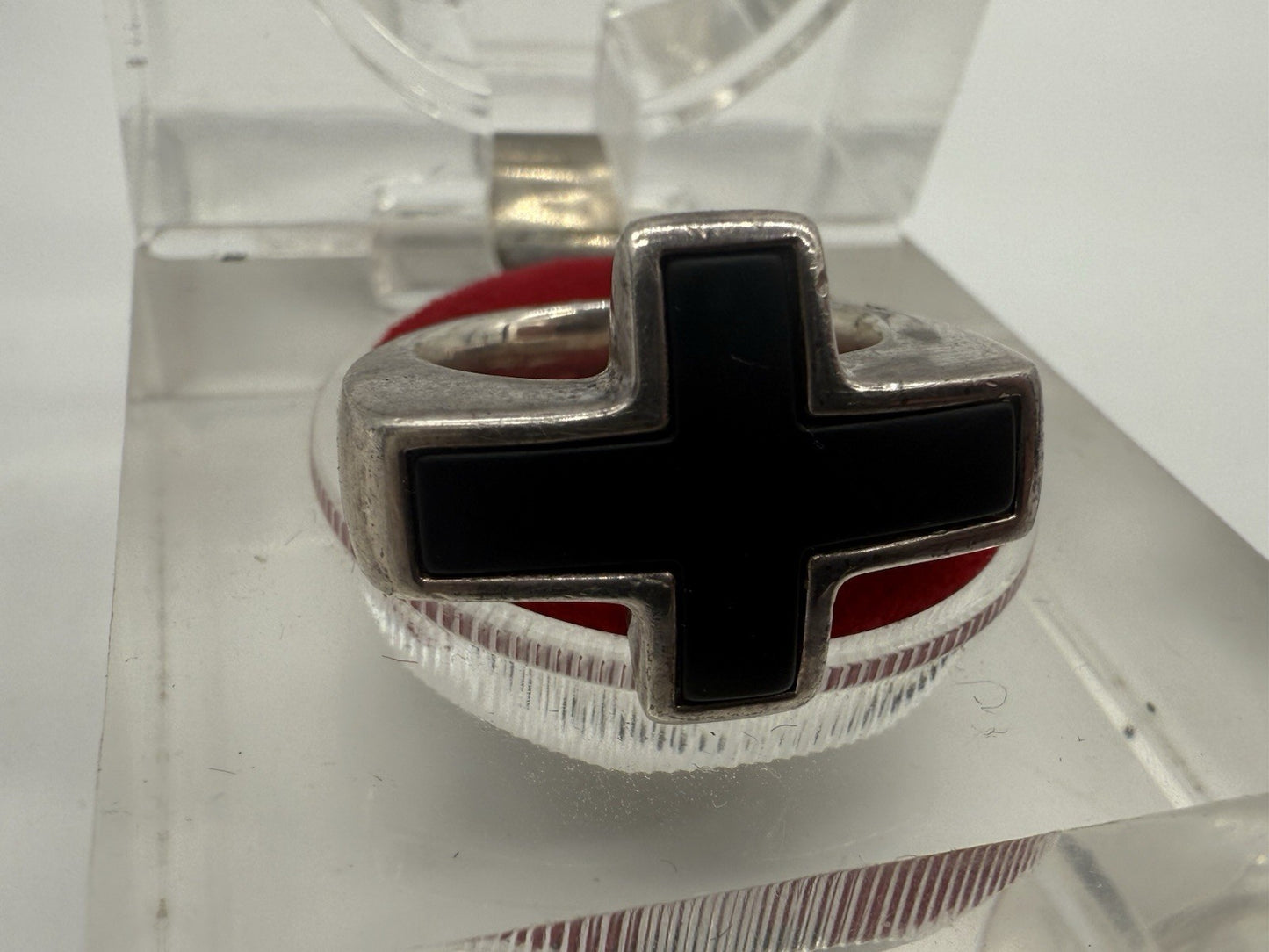 VINTAGE 925 SILBER RING ESPRIT MIT SCHWARZEM KREUZ GR.55