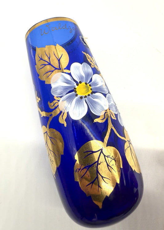KOBALTBLAU JUGENDSTIL GLASVASE VERGOLDET ANTIK WITTIG HANDMADE 1919 16cm