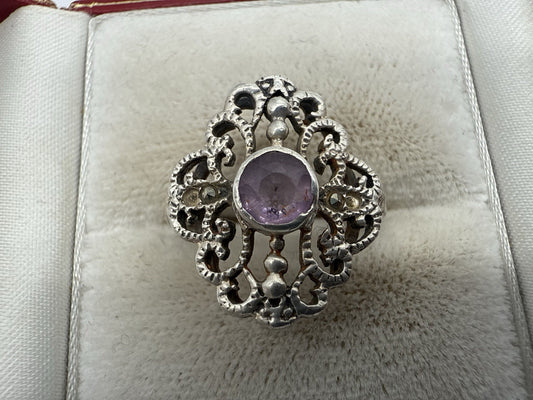 VINTAGE ART DECO STERLING SILBER AMETHYST FILIGRAN RING GR.56