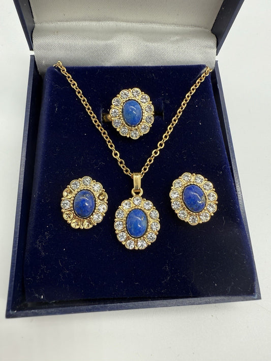 VINTAGE SCHMUCKSET BLAU-GOLD MIT STRASS - HALSKETTE, OHRSCHMUCK & RING