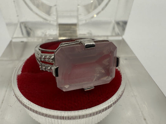 VINTAGE 925 SILBER RING MIT NATÜRLICHM ROSENQUARZ EDELSTEIN GR.54