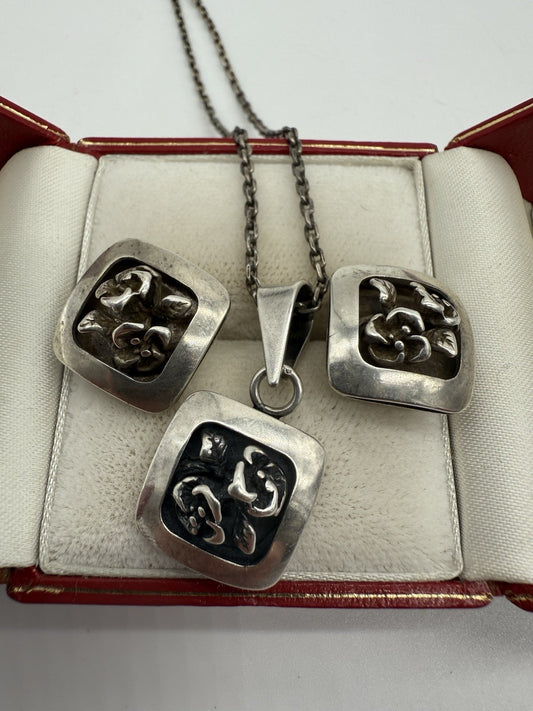 VINTAGE SILBERSCHMUCK-SET HILDESHEIMER ROSE ANHÄNGER MIT KETTE & OHRCLIPS