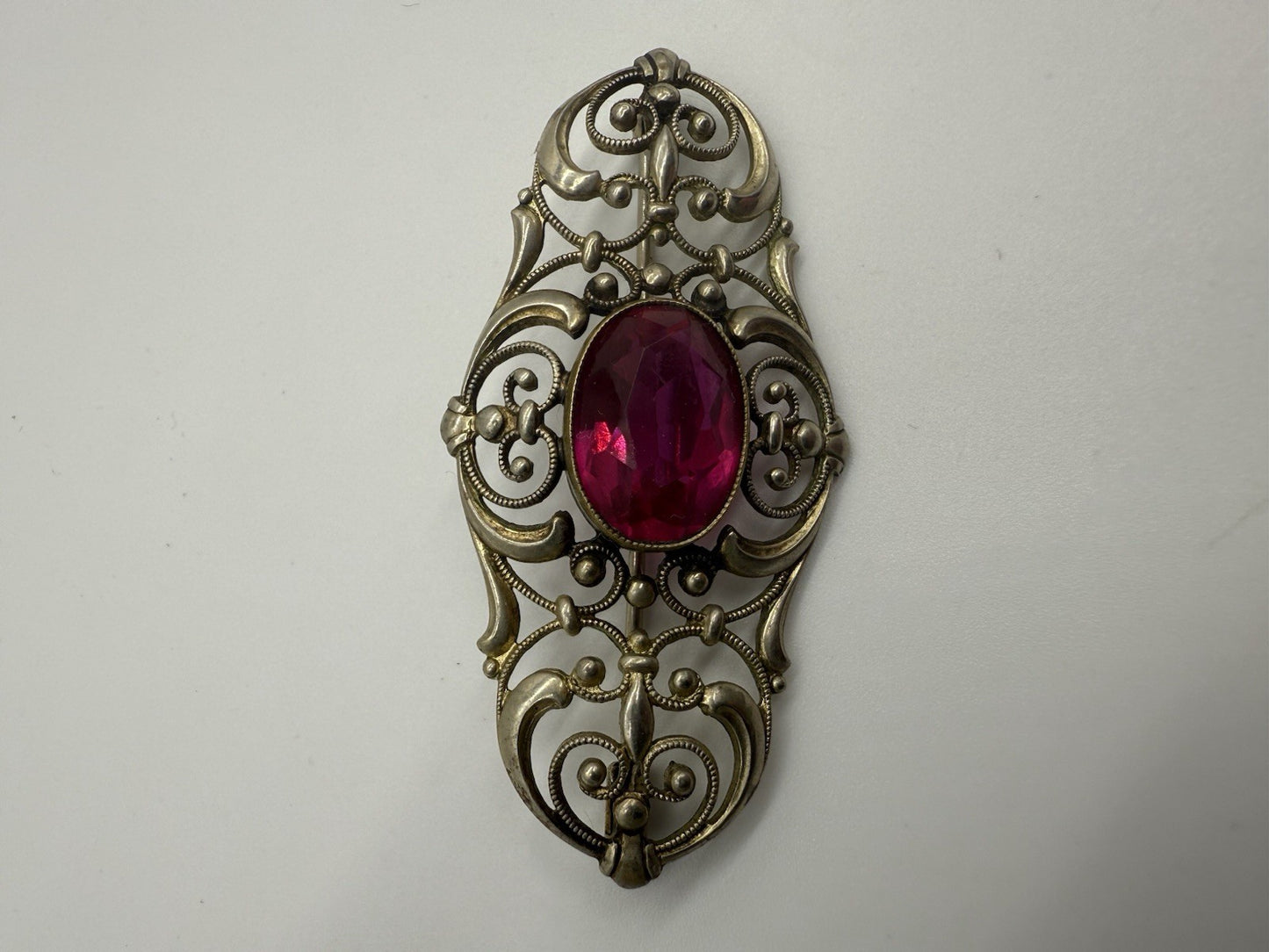 JUGENDSTIL BROSCHE ANSTECKNADEL ECHTSILBER FILIGRAN MIT ROSA ROTEM STEIN
