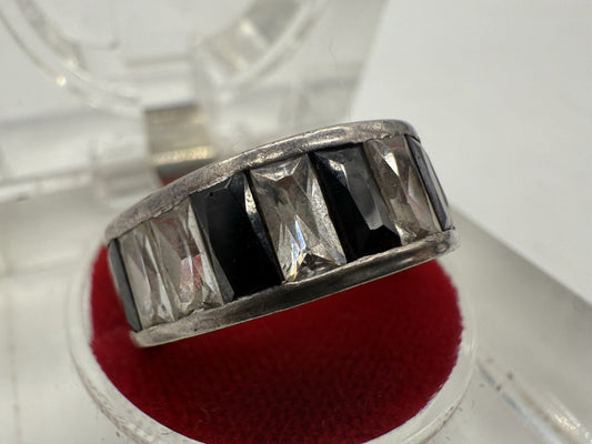 VINTAGE SILBER RING MIT ONYX UND ZIRKONIA BESATZ GR.58
