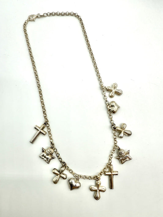 VINTAGE ENGEL-KETTE MIT KREUZEN & HERZ - 925 SILBER STATEMENT-SCHMUCK