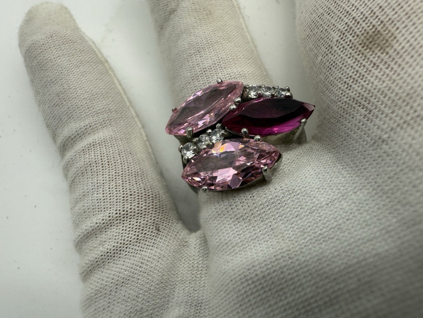 VINTAGE DAMEN RING 925 SILBER - PINKE NAVETTE-KRISTALLE & ZIRKONIA GR.58