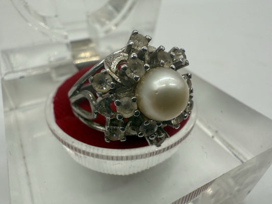 KLASSISCHER SCHÖNER RING MIT PERLE UND ZIRKONIA 800 SILBER VINTAGE GR.54