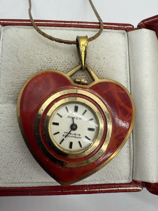 RETRO VINTAGE ANKER HERZ ANHÄNGER UHR ROT VERGOLDET LÄUFT
