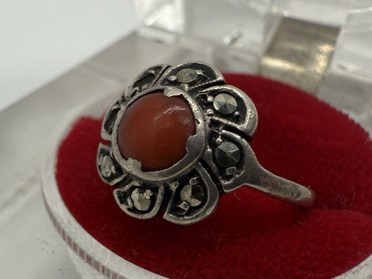 ANTIK KORALLE DAMEN RING SILBER 835 SUPER DESIGN GR.47