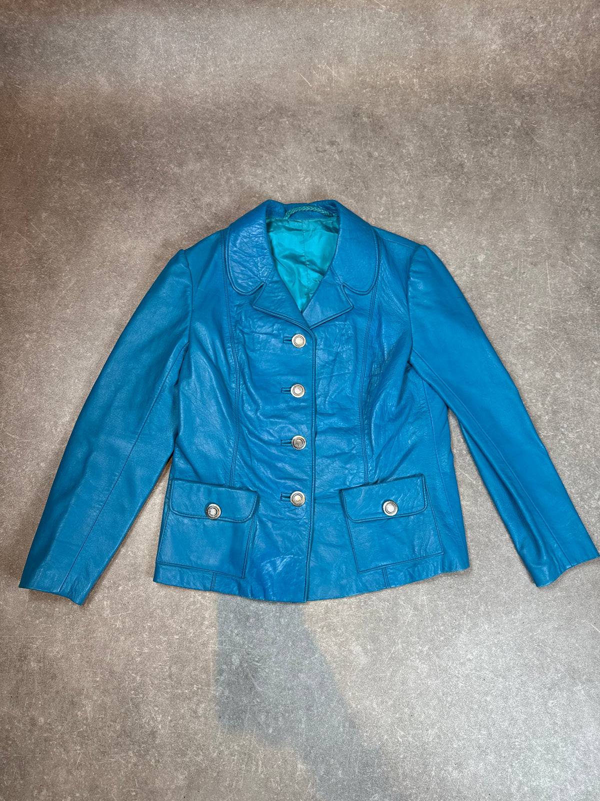 Vintage Lederjacke Damen Blau Türkis Echtleder 70er 80er Blazer Jacke S M