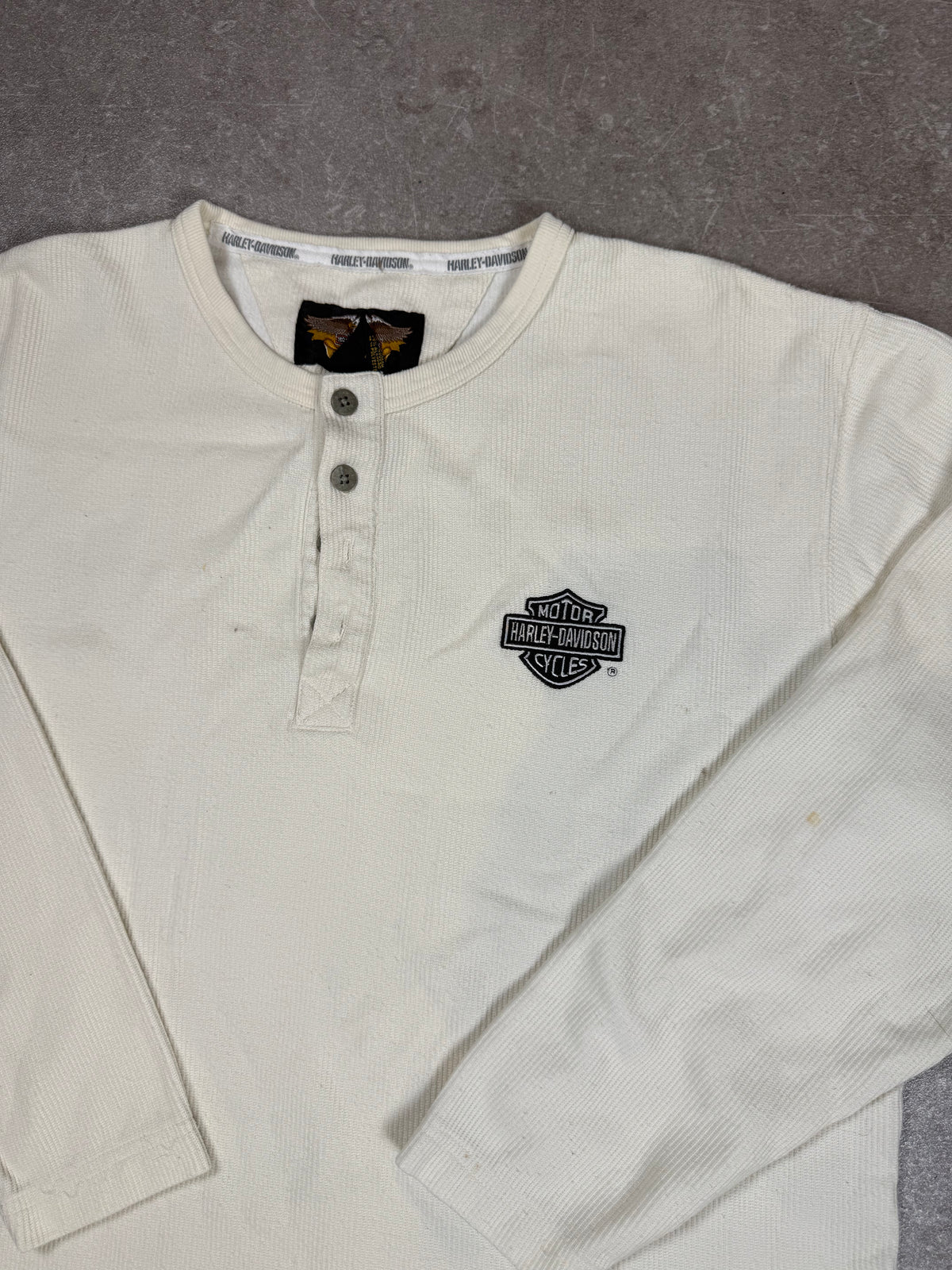 Harley-Davidson Herren Henley Shirt L – Vintage Langarm Creme Weiß