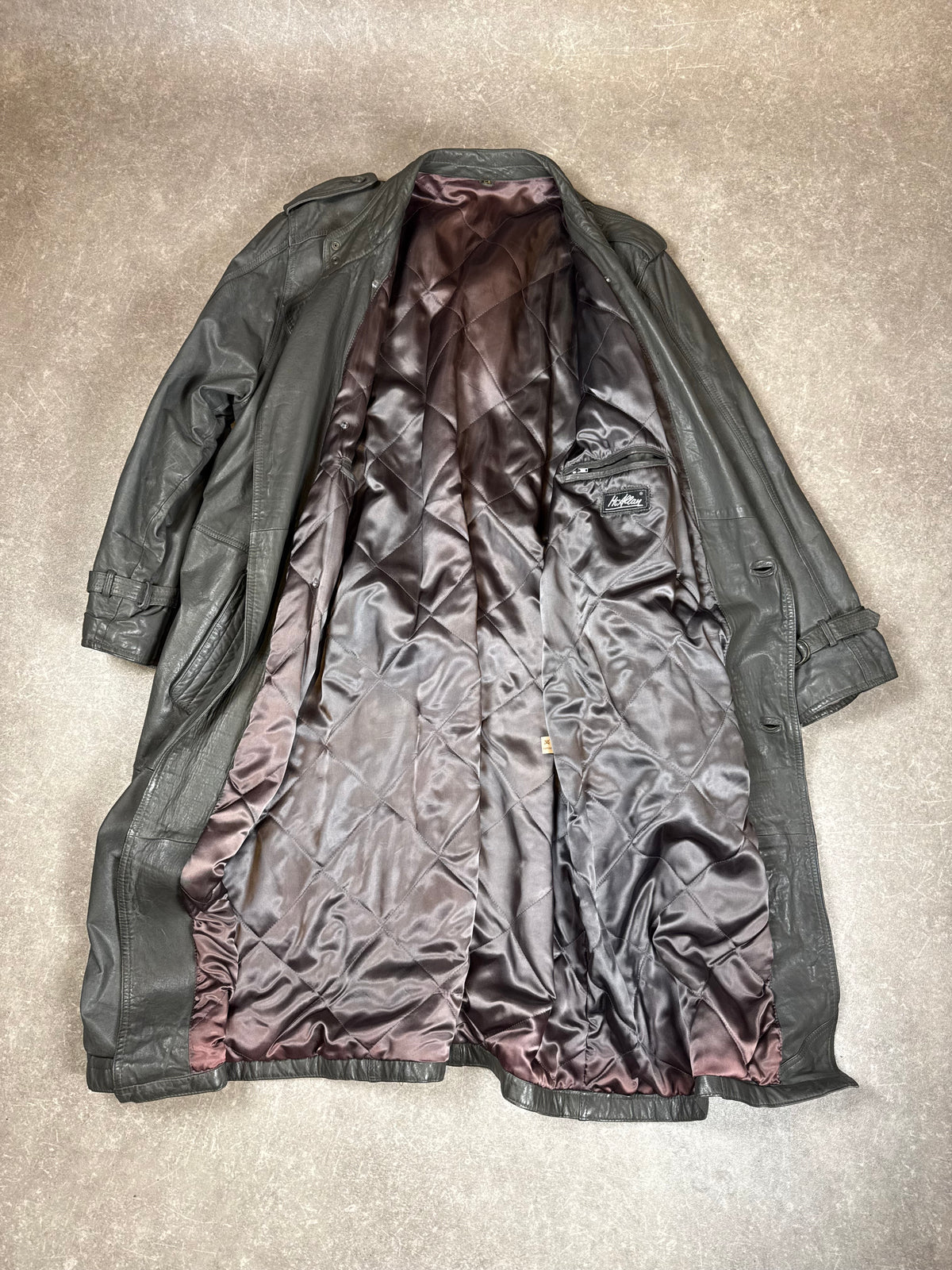 Vintage Herren Ledermantel Gr. 54 Grau Echtleder Trenchcoat mit Gürtel