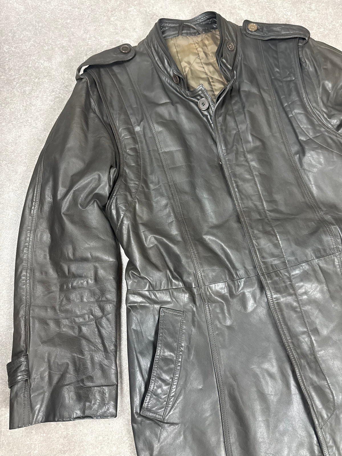 Vintage Leder Mantel Damen Schwarz Gr. ca. L XL Echtleder Langmantel Trench Coat Gürtel