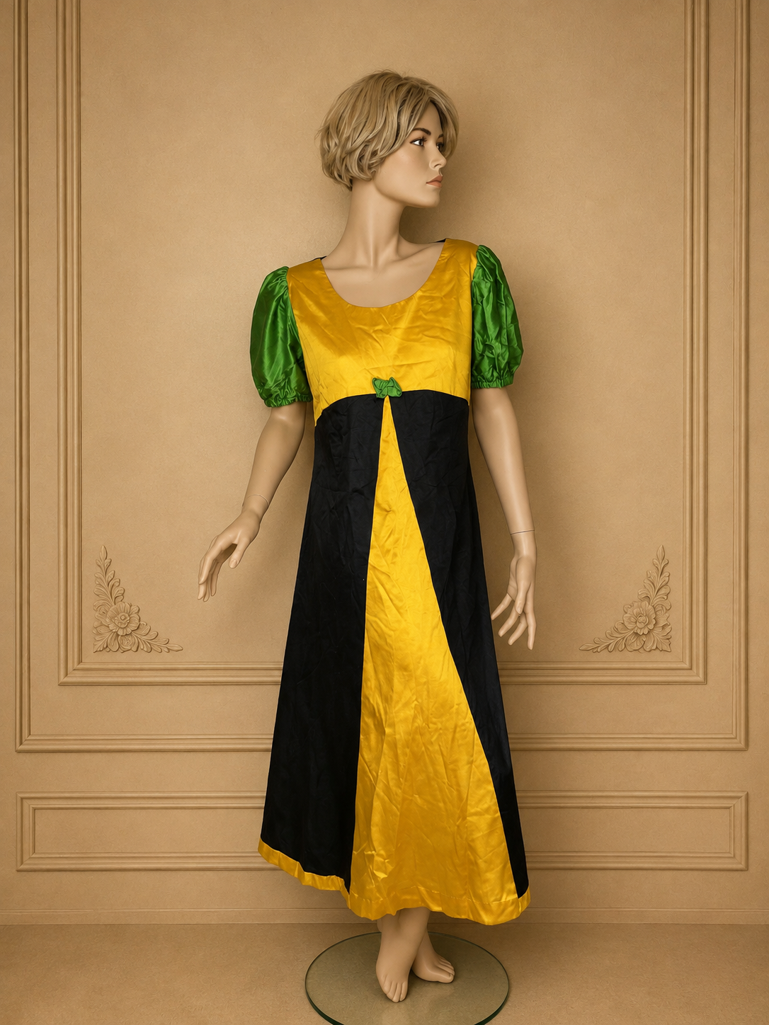 Vintage Maxikleid Damen – Gelb Schwarz Grün mit Puffärmeln & Schleife