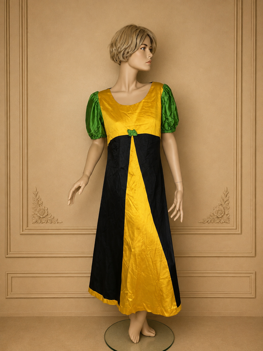Vintage Maxikleid Damen – Gelb Schwarz Grün mit Puffärmeln & Schleife