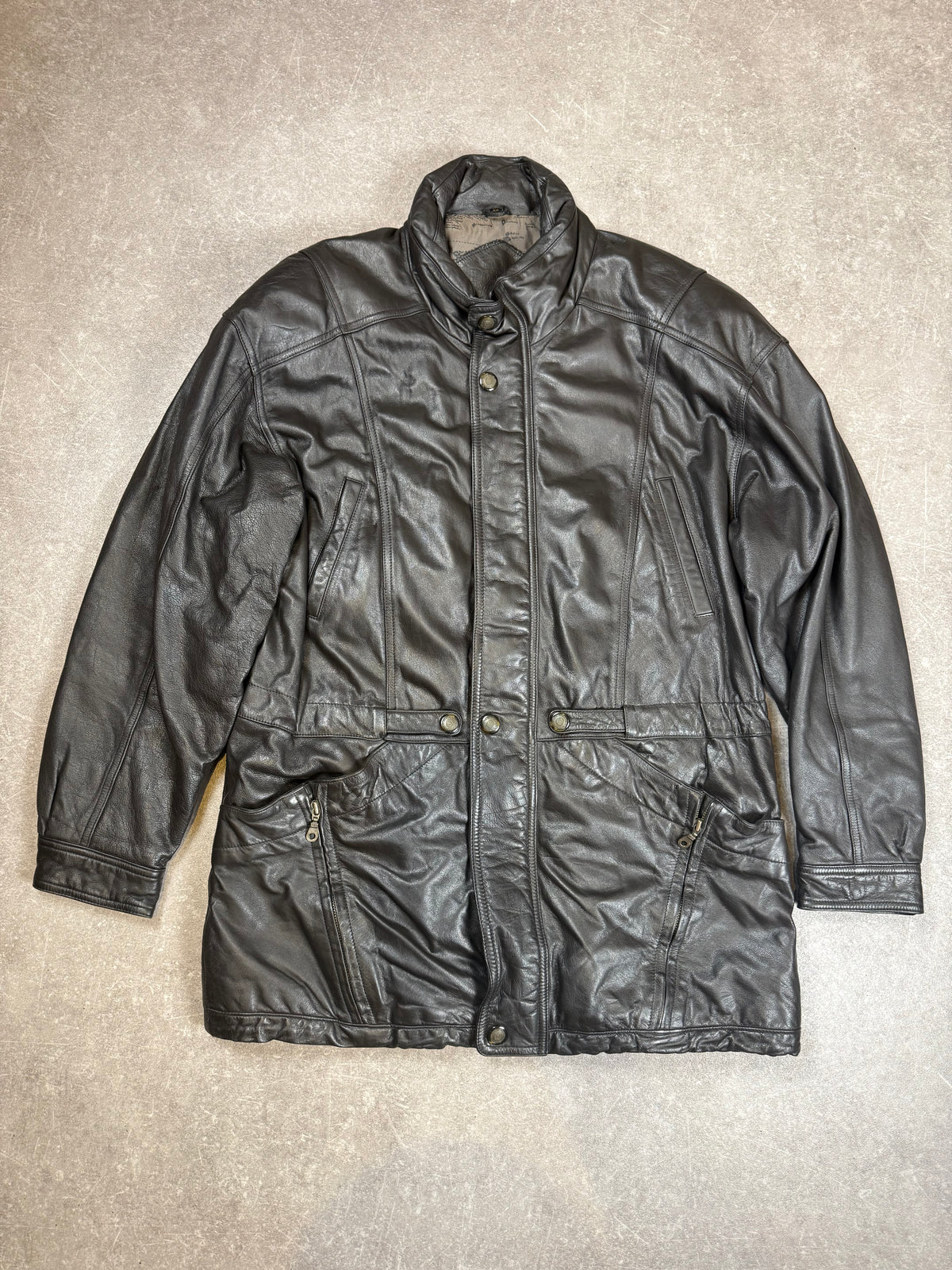 Vintage Prince Herren Ledermantel Schwarz – Echtleder Jacke Weltkarten-Futter Gr. 56